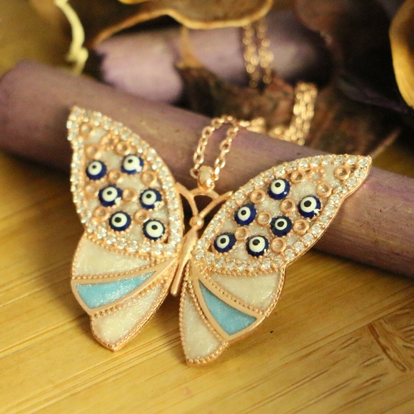 925 Sterling Silver blue butterfly 曆 Evil eyes  - Picture 2 of 7